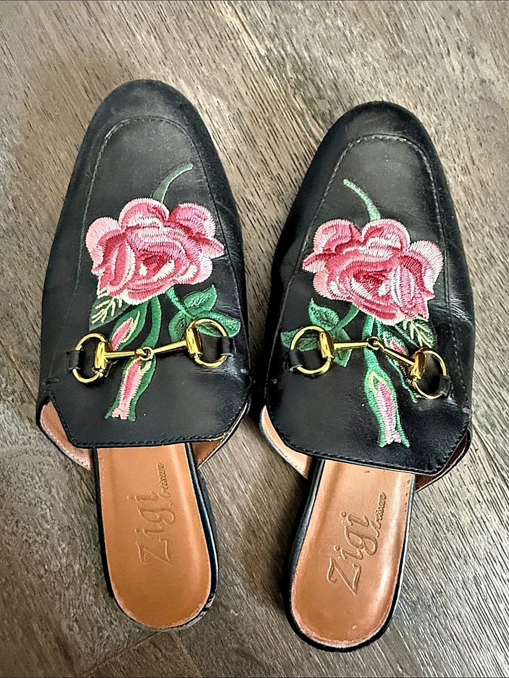 Zigi Floral Embroidered Horsebit Mules in Black & Pink